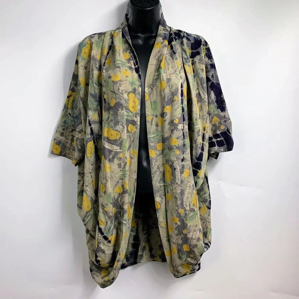 Citron Santa Monica Women's Tropical Pineapple Silk Open Front Cardigan Size S